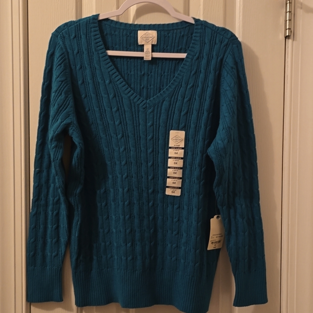 ST. JOHN'S BAY WOMEN'S PLUS SIZE TEAL BLUE V-NECK CABLE SWEATER SIZE 0X